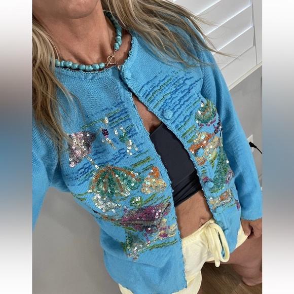 Quacker Factory Embellished Cardigan Sweater XS Sequin Beads Beach Umbrella BLUE - Picture 1 of 16